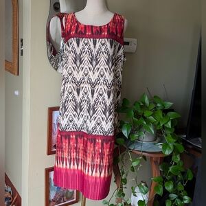 CATO Woman Geometric Chevron Shift Dress 18/20W Red Ivory Black Ikat